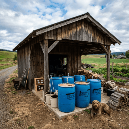 Blue barrels labeled fermented compost tea and veggie wash effluent outside wooden farm shed with dog resting